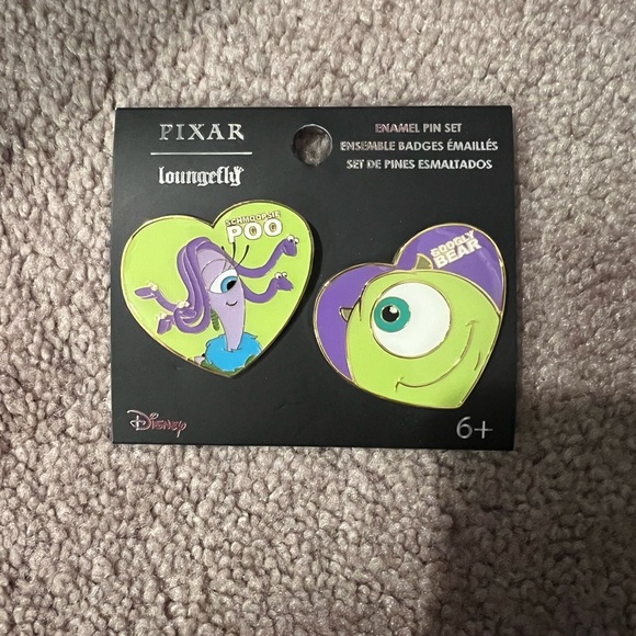 Loungefly Pixar Monsters Inc. Heart Enamel Pin Set - Green and Purple - Picture 1 of 1